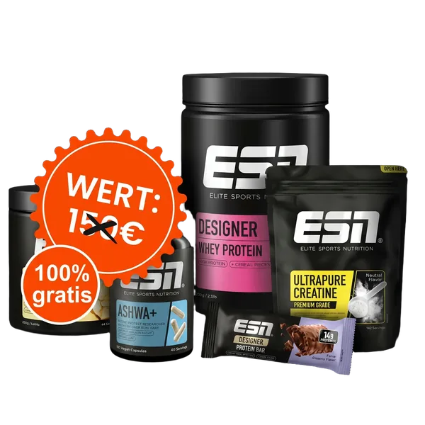 Gratis XXL Paket: ESN-Produkte im Wert von rund 150 Euro, im Bild Designer Whey, Ultrapure Creatine, Ashwa+ und Designer Bar